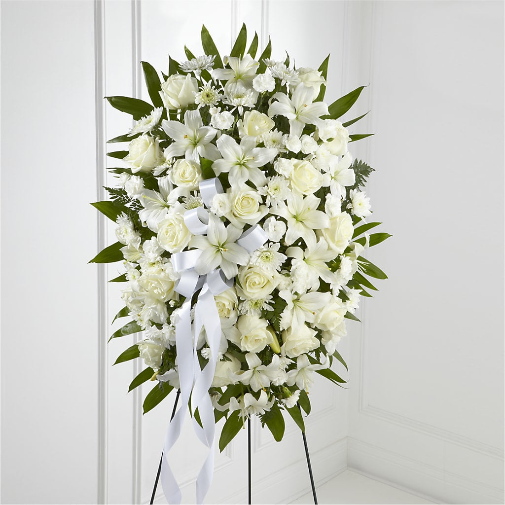 Exquisite Tribute Standing Spray-White Ribbon – Flower Shop Of Farmingdale, Farmingdale NY