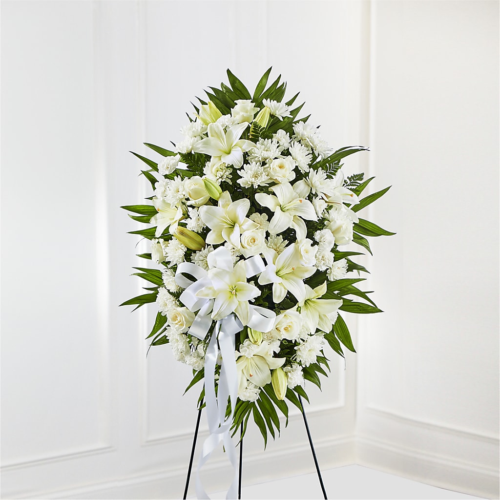 Exquisite Tribute Standing Spray-White Ribbon – Flower Shop Of Farmingdale, Farmingdale NY