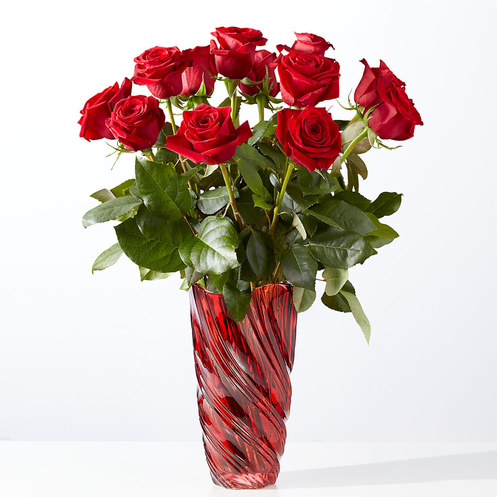 Classic Love Red Rose Bouquet with Luxe Swirl Vase – Flower Shop Of Farmingdale, Farmingdale NY