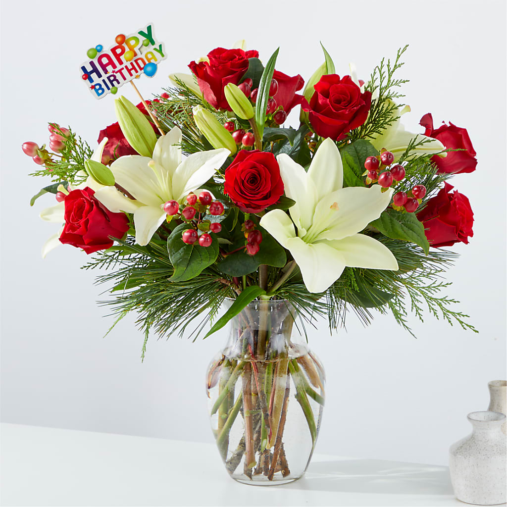 Evergreen Delight Bouquet & Happy Birthday Topper – Flower Shop Of Farmingdale, Farmingdale NY