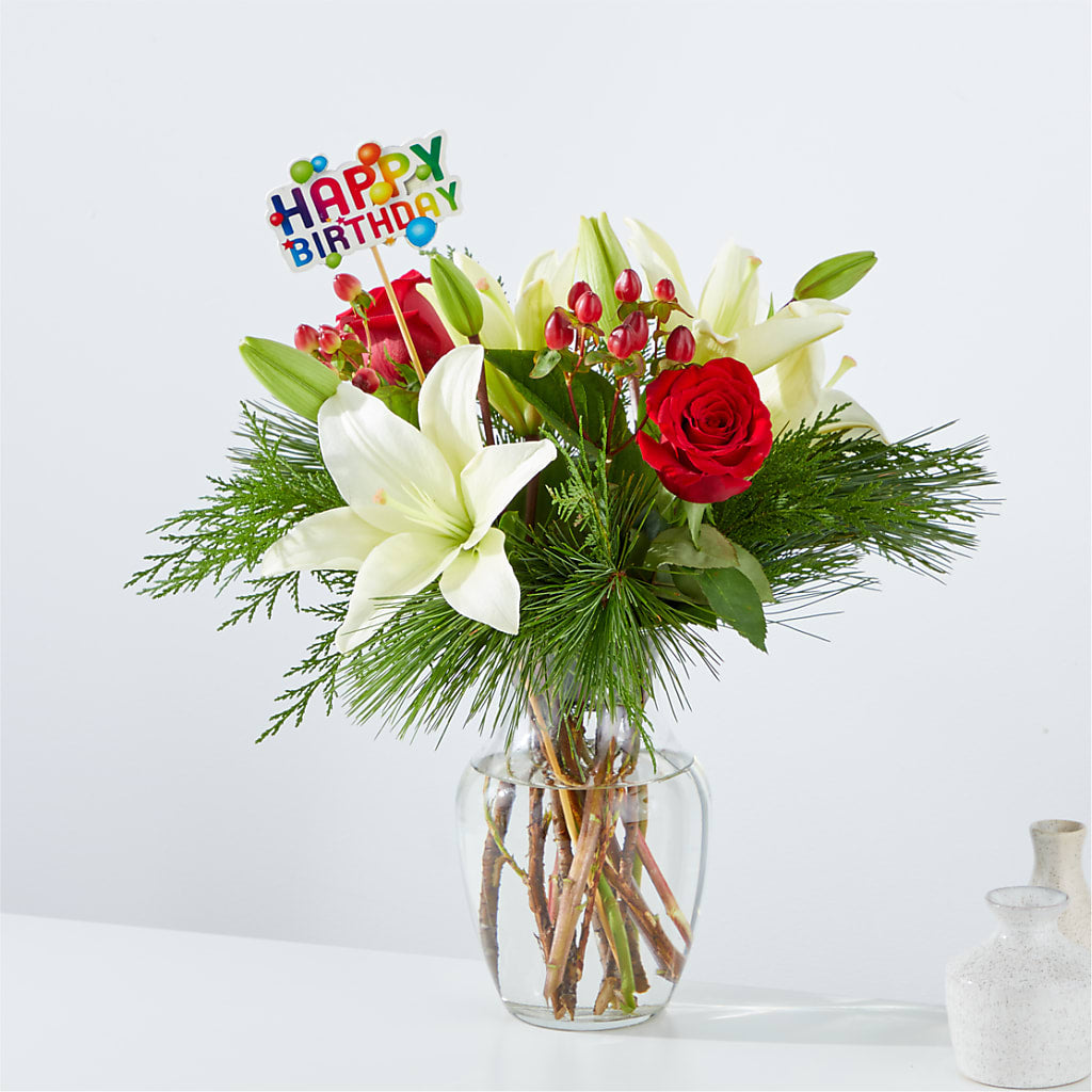 Evergreen Delight Bouquet & Happy Birthday Topper – Flower Shop Of Farmingdale, Farmingdale NY