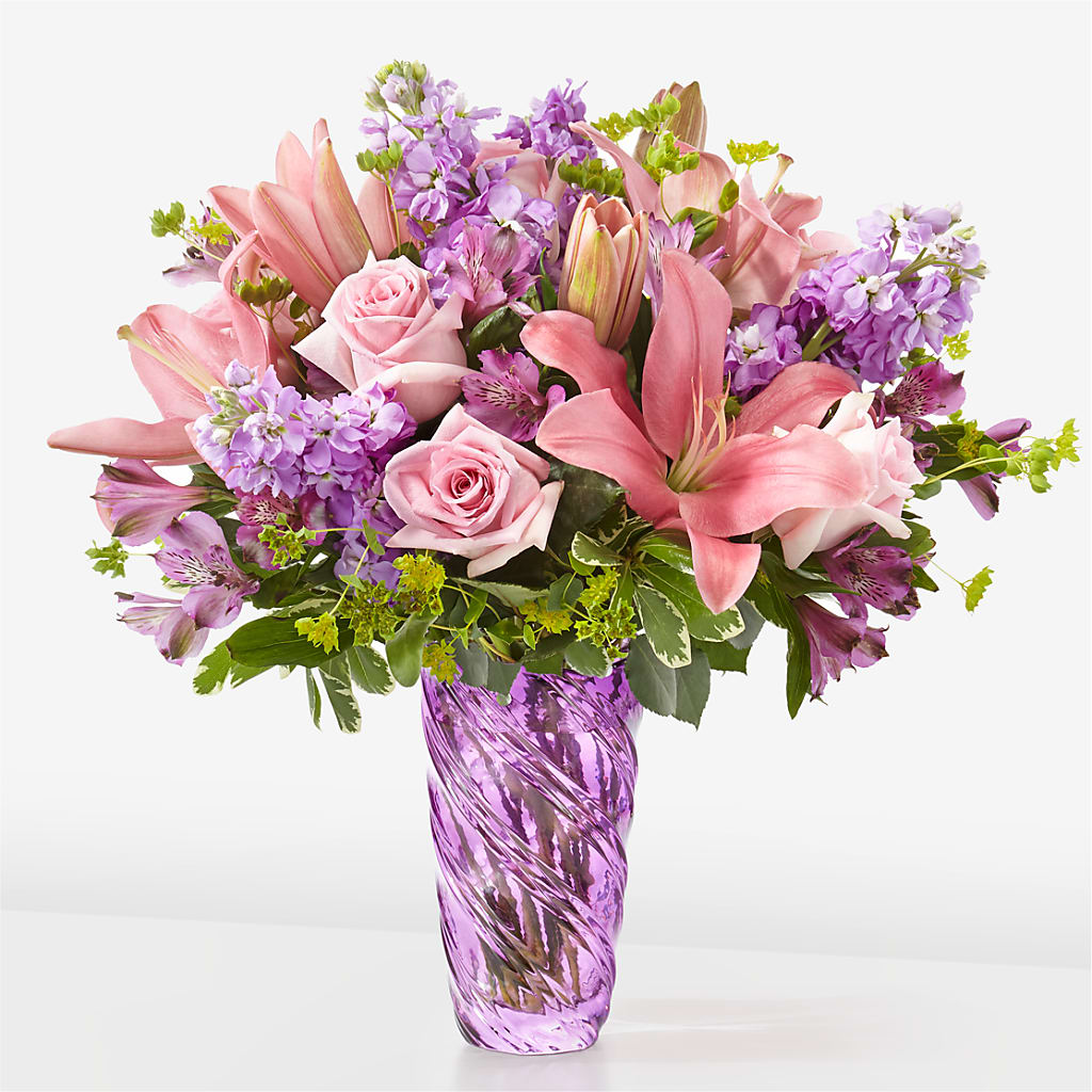 Precious Petals Bouquet with Luxe Swirl Vase – Flower Shop Of Farmingdale, Farmingdale NY