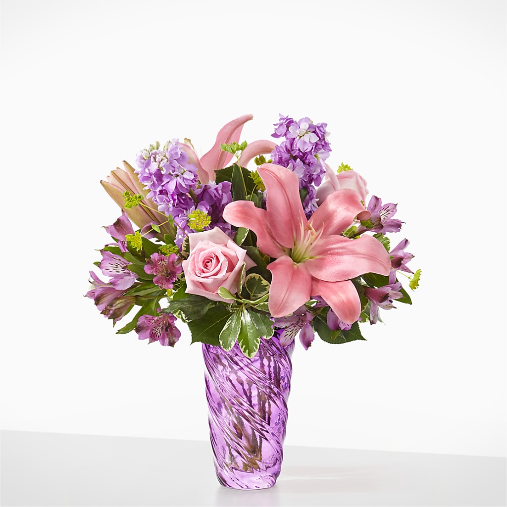 Precious Petals Bouquet with Luxe Swirl Vase – Flower Shop Of Farmingdale, Farmingdale NY