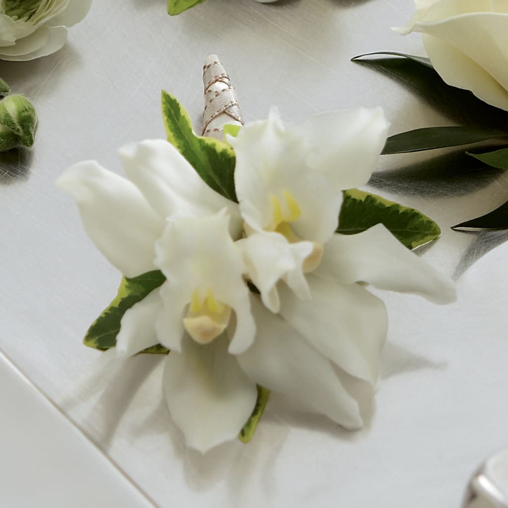 White Mini Cymbidium Boutonniere – Flower Shop Of Farmingdale, Farmingdale NY